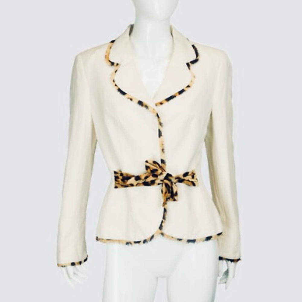 ESCADA ivory Leopard Silk Linen Blazer Vintage 90s 00s size 42 medium FLAW RARE